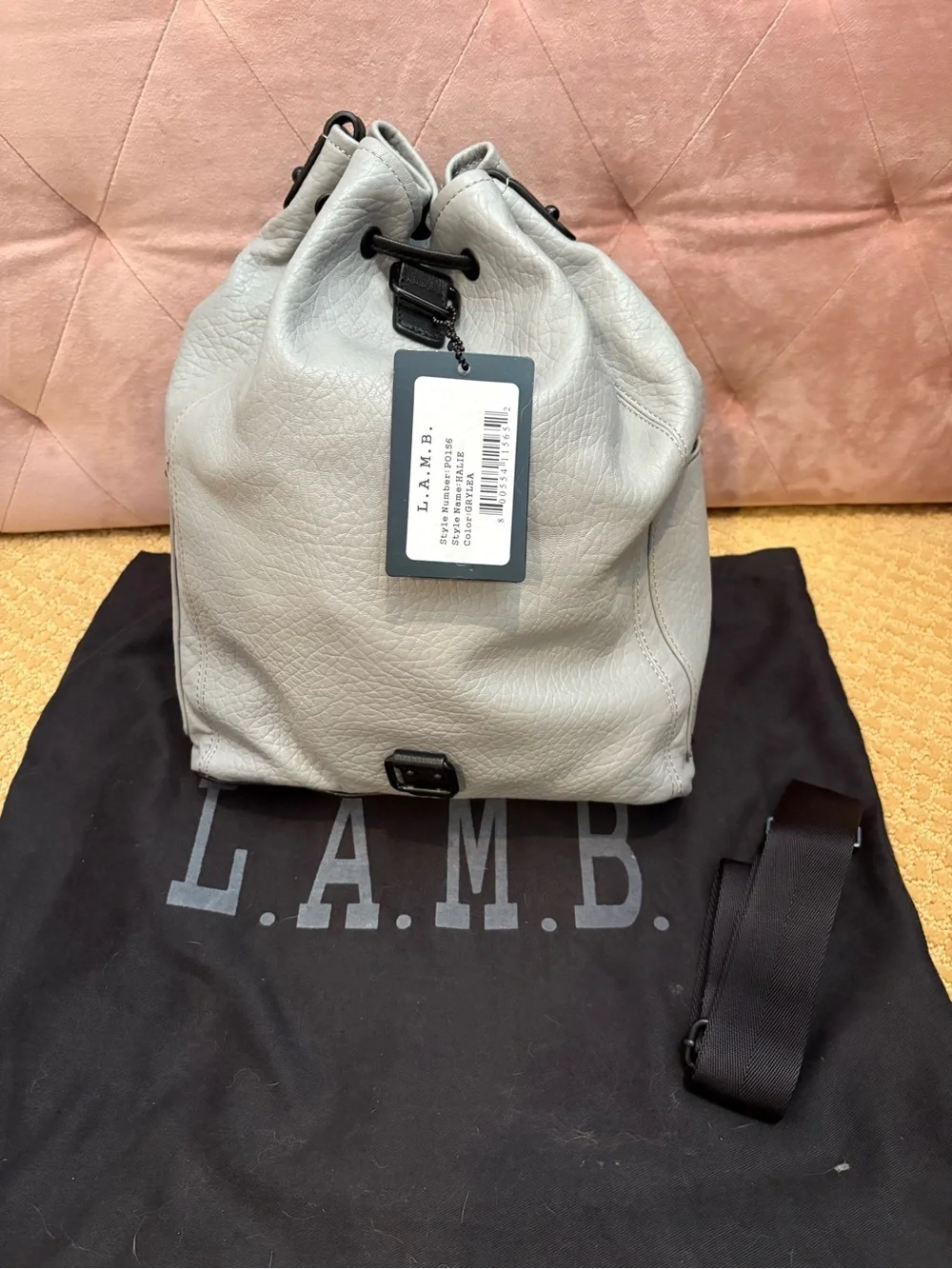 L.A.M.B. Light Gray Leather Drawstring Bucket Bag